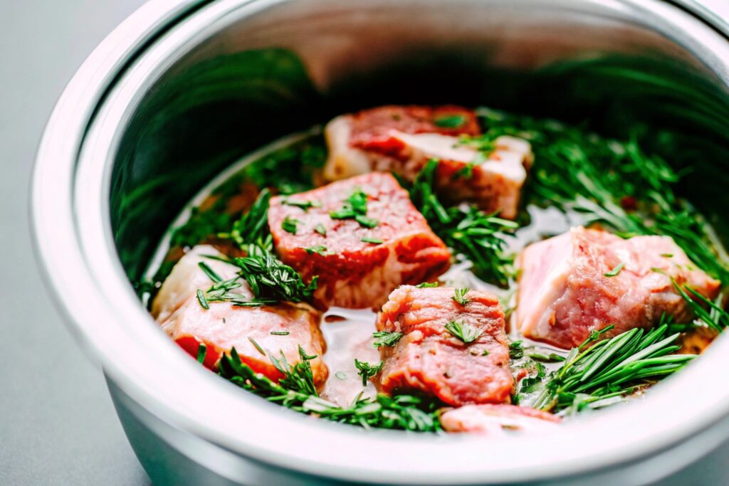 Boneless beef ribs marinating in a bowl with a blend of spices, olive oil, and fresh herbs, ready for grilling or cooking