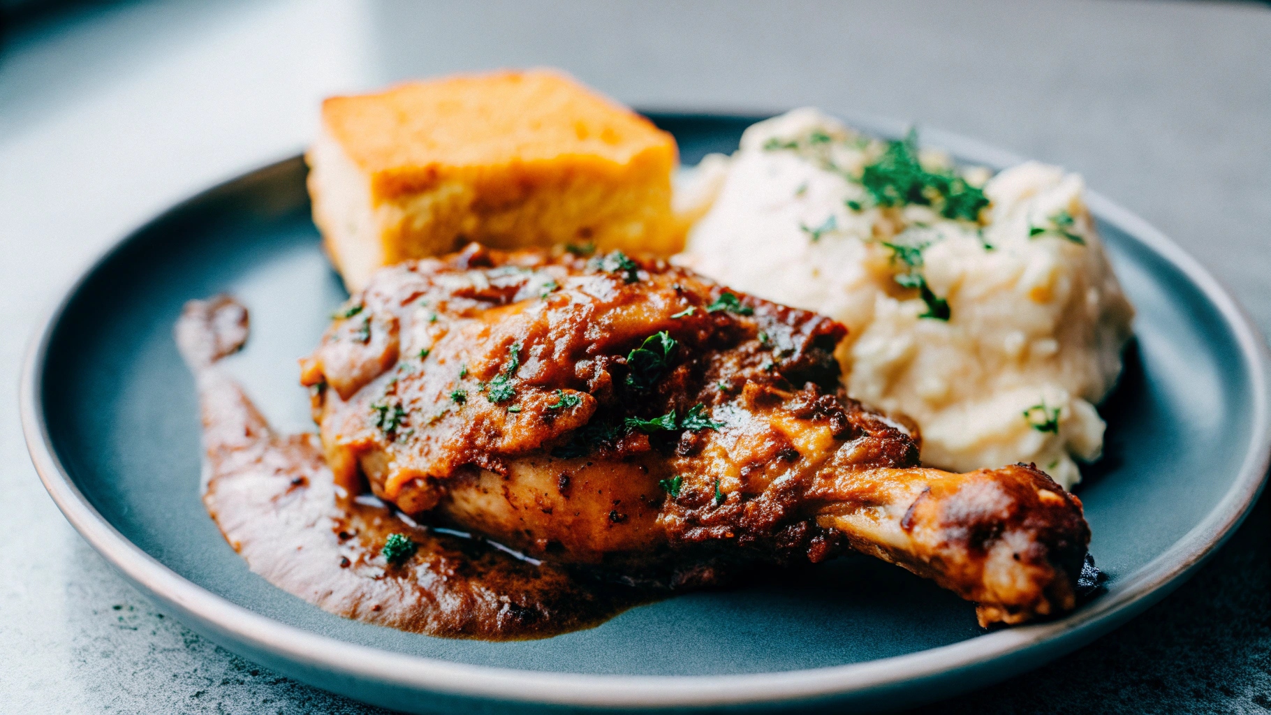 A cozy dining table with a serving dish of chicken and gravy, paired with mashed potatoes and cornbread, ready to be enjoyed.