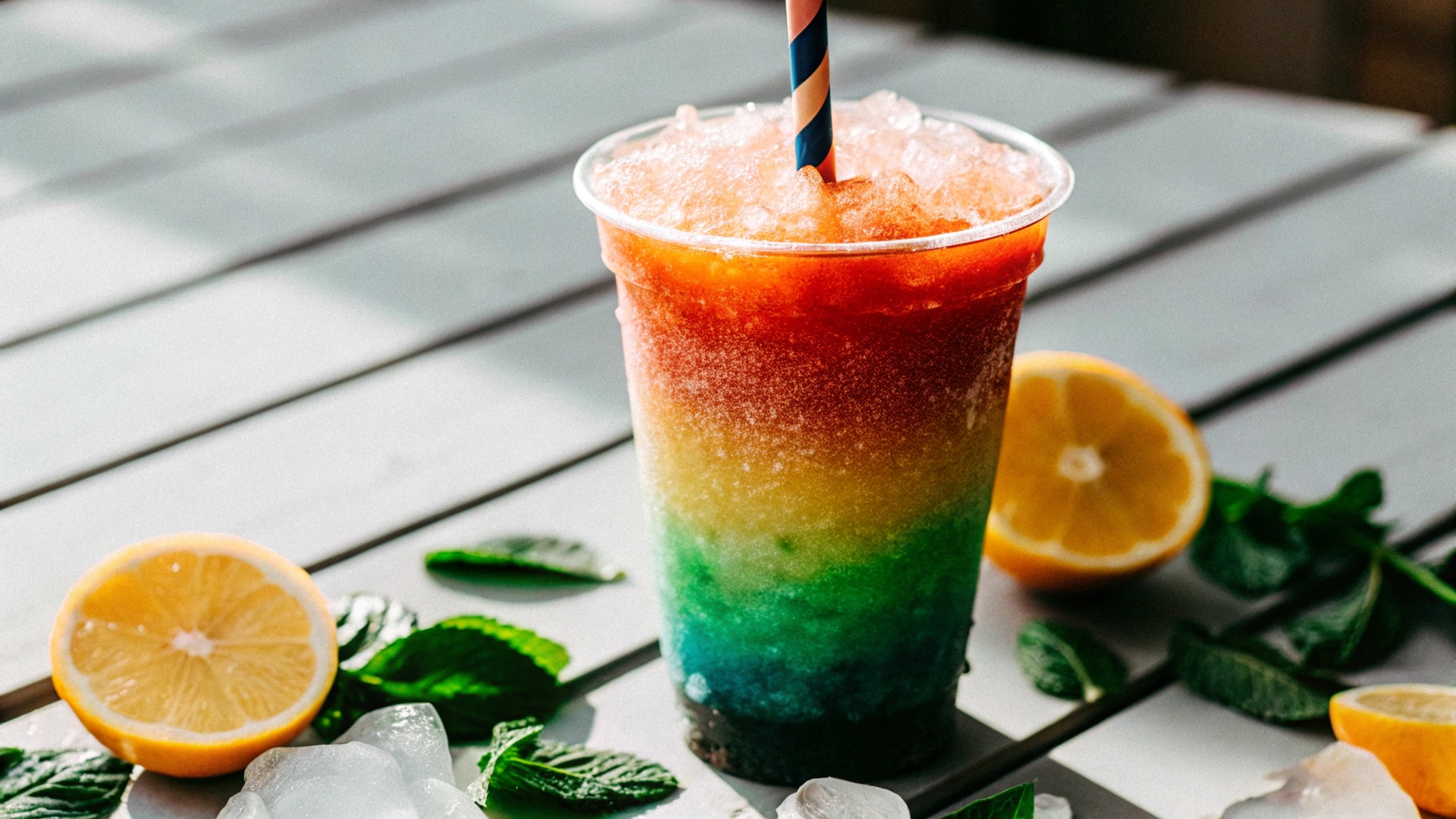 Colorful slushy with a striped straw in a clear cup, surrounded by citrus slices, mint leaves, and ice cubes, glowing under bright sunlight.