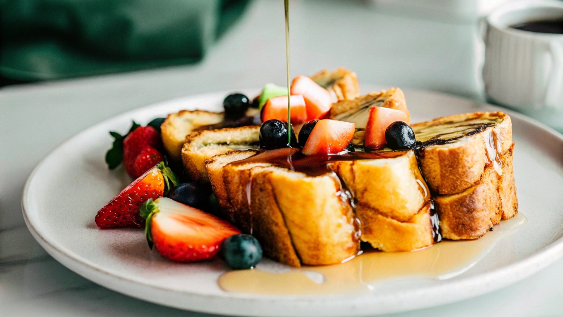 Hawaiian Roll French Toast plated beautifully, drizzled with syrup and garnished with fresh fruit, placed on a bright breakfast table