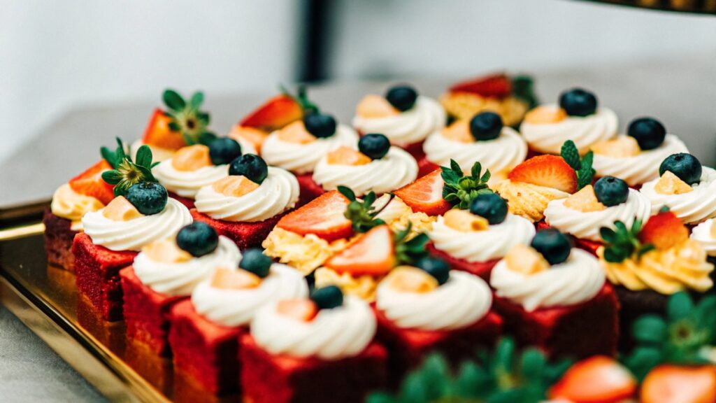 A beautifully arranged dessert platter featuring red velvet brownies, cream cheese frosting, and a scattering of fresh berries