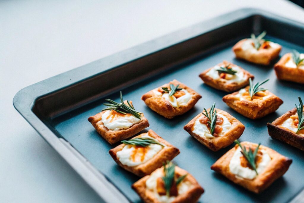 A tray of freshly baked Brie cheese bites with golden puff pastry, garnished with rosemary and a drizzle of honey