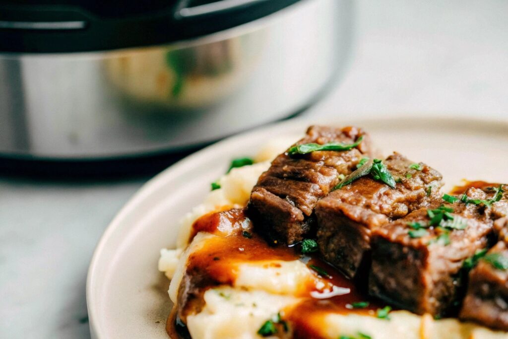 Tender boneless short ribs served on a plate with creamy mashed potatoes, rich gravy, and a sprig of parsley, with a slow cooker visible in the background