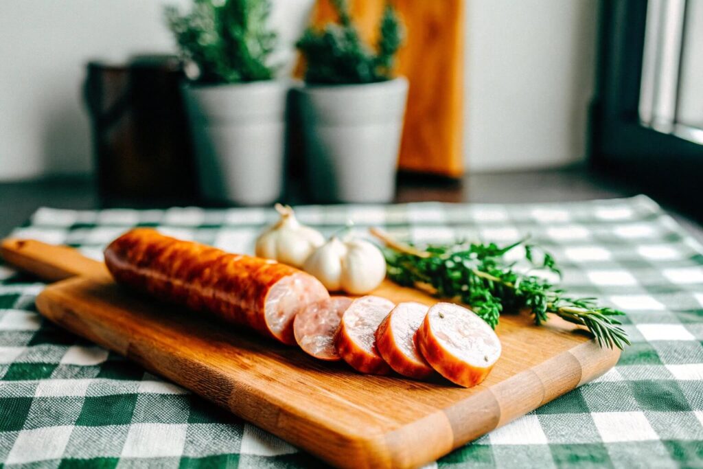 A rustic kitchen scene with a wooden cutting board, featuring sliced kielbasa, garlic, and fresh herbs, ready to be cooked