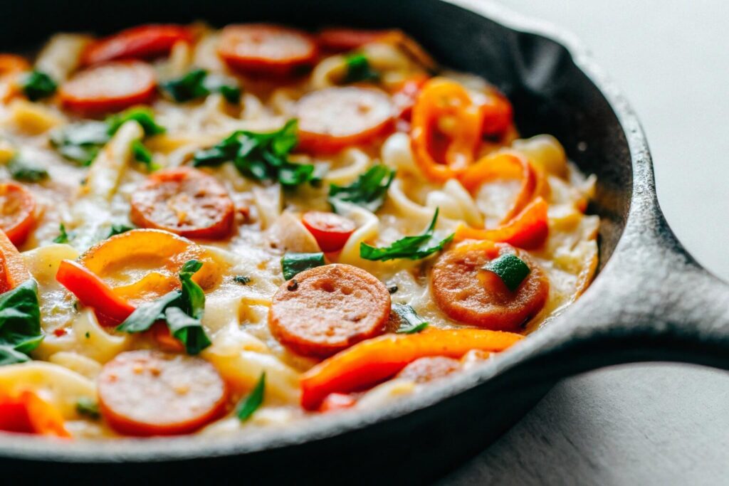 A skillet filled with creamy pasta, kielbasa slices, and colorful vegetables, ready to be served.