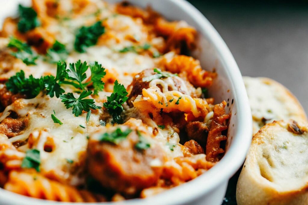 A steaming plate of cheesy kielbasa pasta bake served in a white dish, garnished with fresh parsley and a side of garlic bread